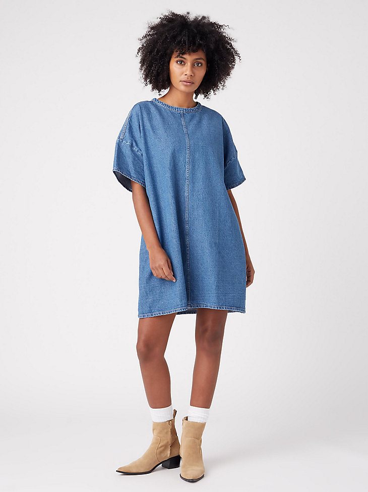 Women's Oversized Denim Tee Dress in Mid Indigo