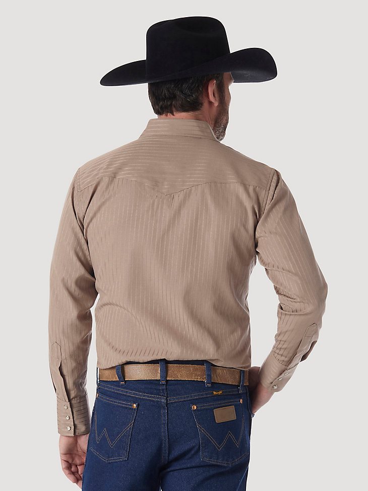 Wrangler Western Long Sleeve Western Snap Dobby Stripe Shirt in Tan (Dark)