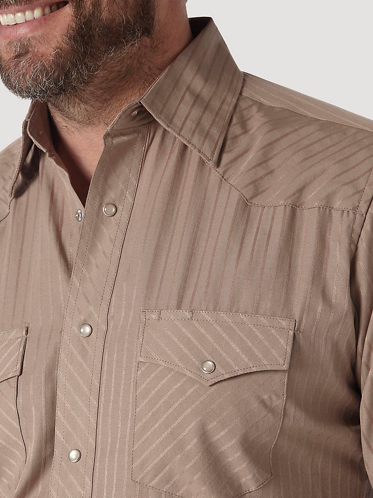 Wrangler Western Long Sleeve Western Snap Dobby Stripe Shirt in Tan (Dark)