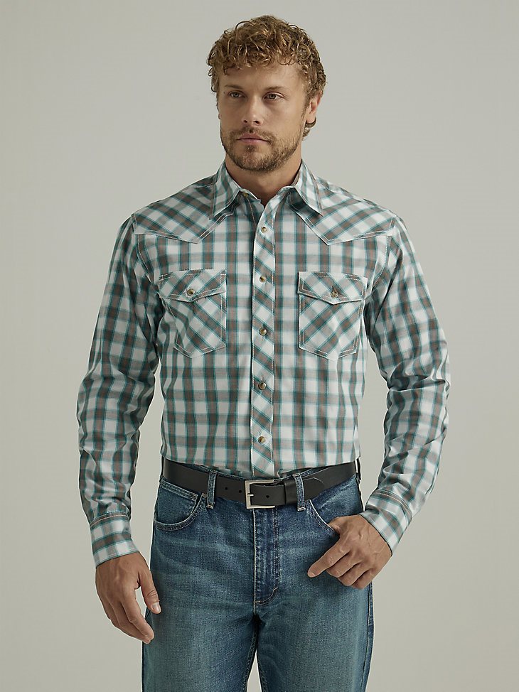 Men's 20X Competition Advanced Comfort Long Sleeve Two Pocket Western Snap Shirt in Turquoise Tan Madras
