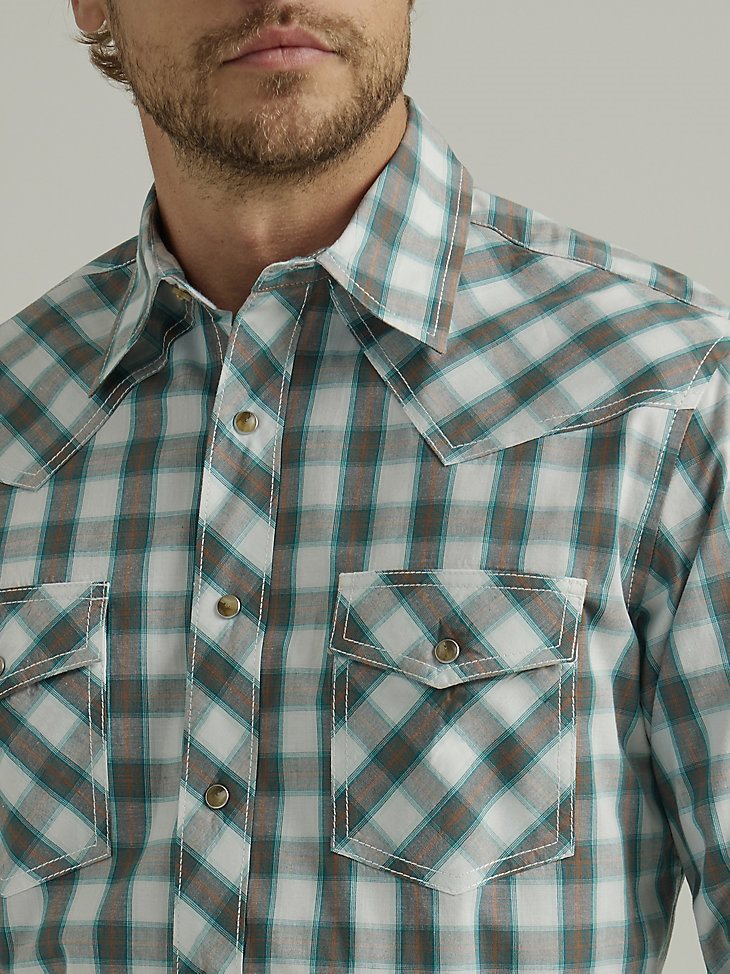 Men's 20X Competition Advanced Comfort Long Sleeve Two Pocket Western Snap Shirt in Turquoise Tan Madras