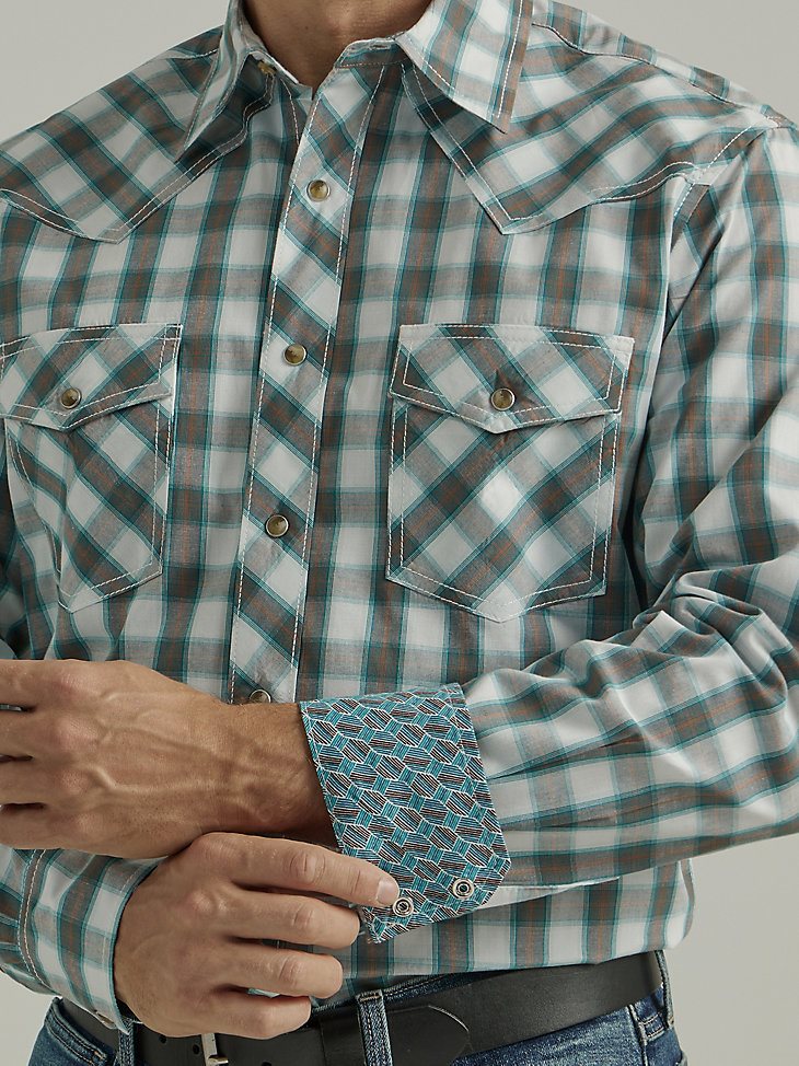 Men's 20X Competition Advanced Comfort Long Sleeve Two Pocket Western Snap Shirt in Turquoise Tan Madras